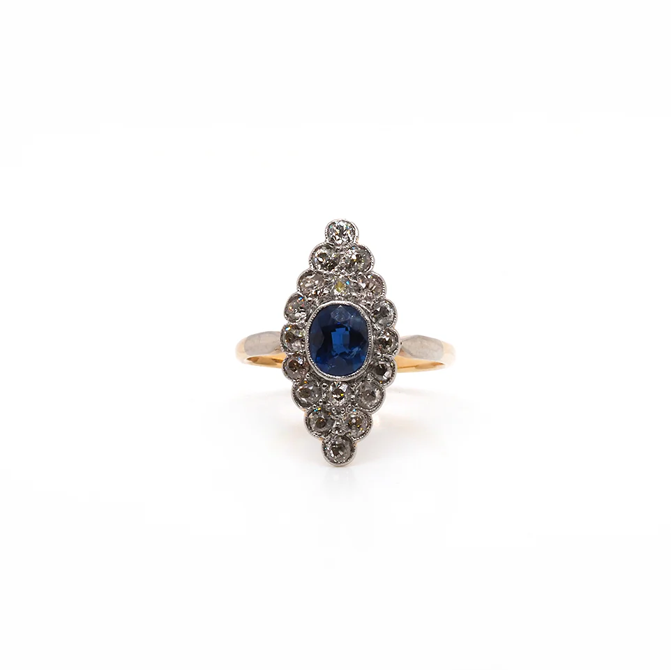18ct White Gold & Platinum Unheated Sapphire and Diamond Navette Ring